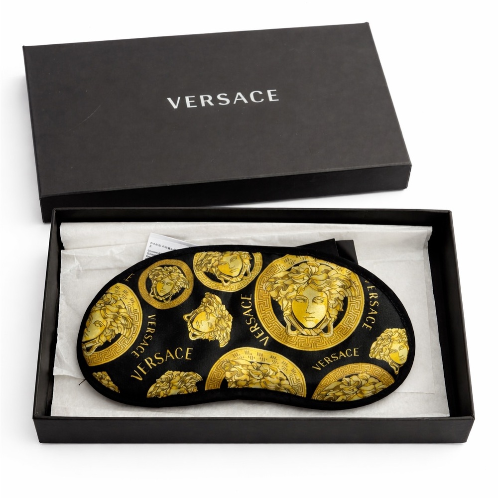 NWT Versace Black and Gold Medallion Face Mask with Original Box